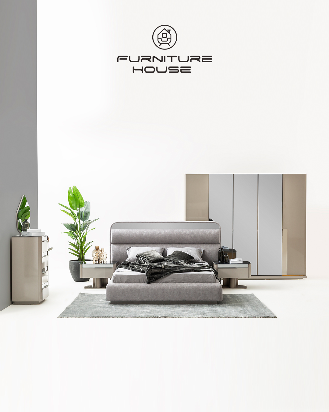 INOX Modern Bedroom Set – Bed, Wardrobe, Bedside Tables & Dresser with Mirror - Image 5