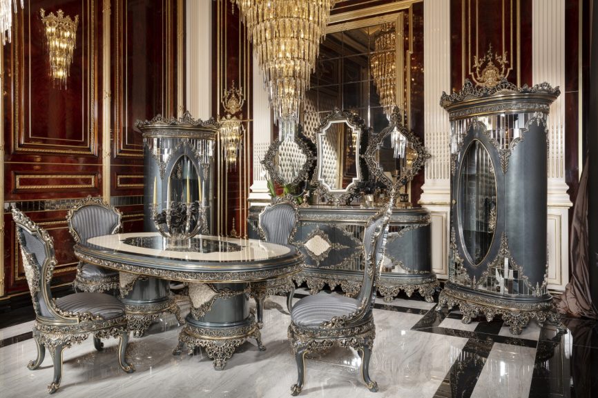 MILAS Classic Dining Set with 8 chairs, luxury console and decorative mirrors in royal dining room interior