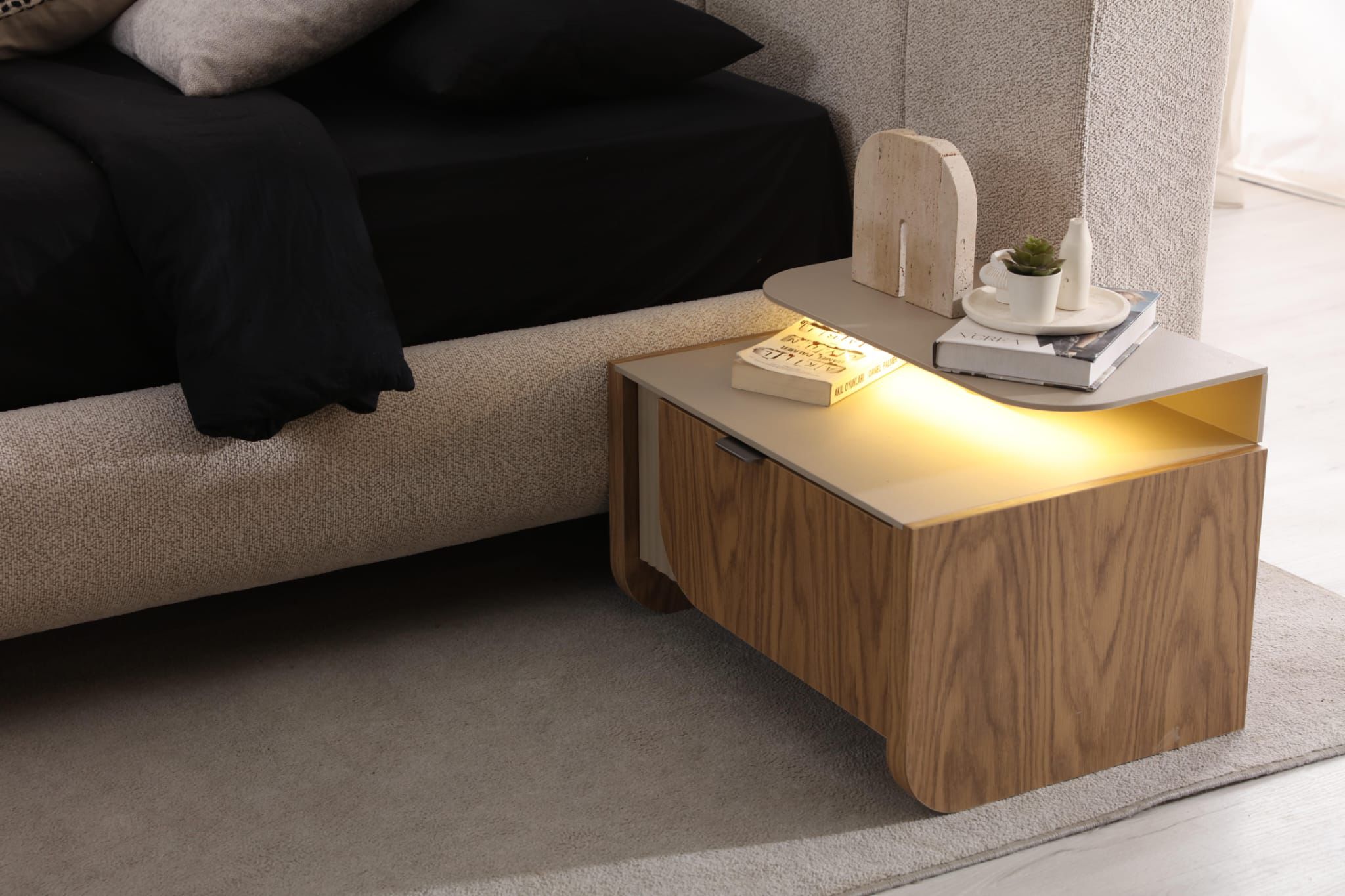 LIDER Bed Set – Modern Upholstered Bed with Natural Wood Accents - Image 2