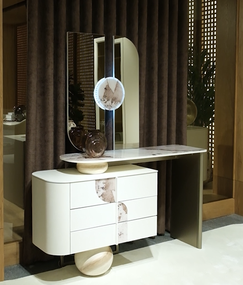 NATURA modern console table with marble top and matching mirror in luxury interior setting