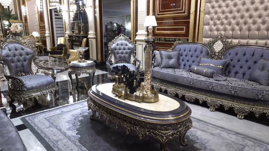 MILAS Classic Sofa Set 3+3+1+1 with luxury carved oval table in elegant royal living room interior