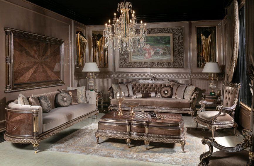 VENDIK Classic Sofa Set 3+3+1+1 with luxury carved table set in elegant living room interior