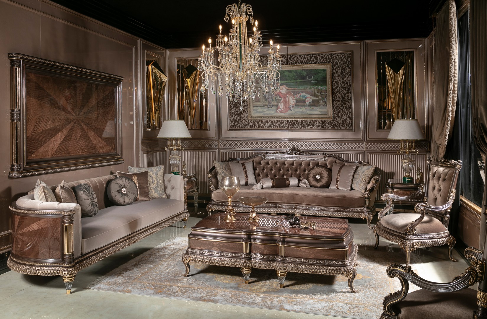 VENDIK Classic Sofa Set 3+3+1+1 with luxury carved table set in elegant living room interior